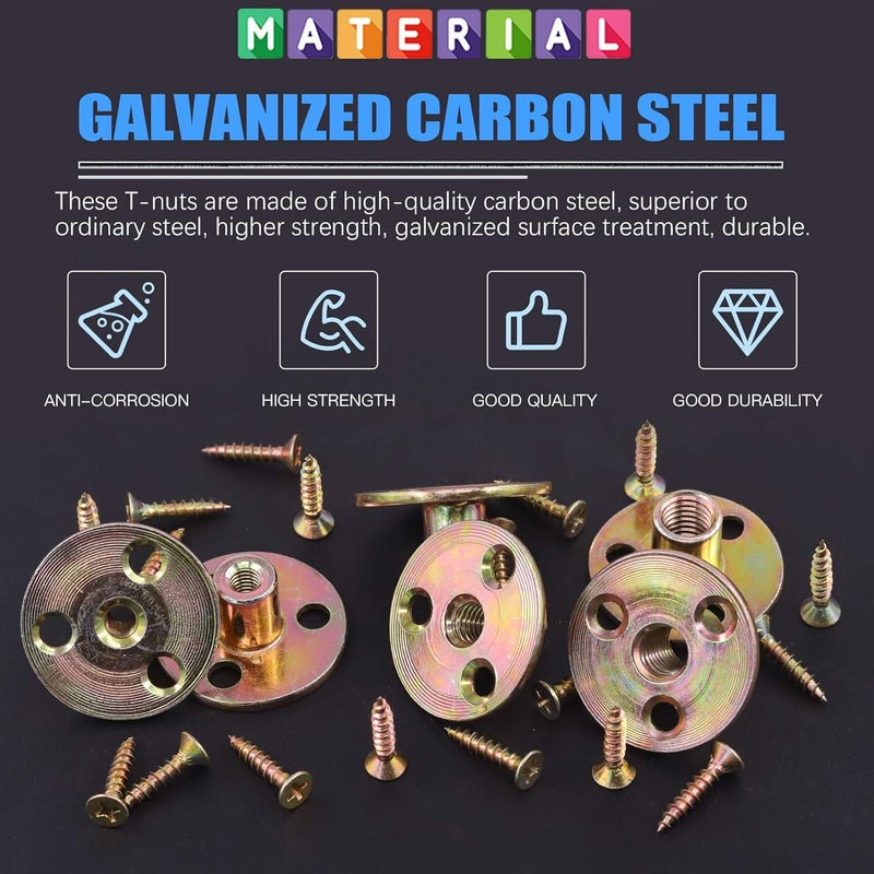 Glarks 64Pcs M10(3/8'') Brad Hole Tee Nut with Mounting Screws Set Zinc Plated Carbon Steel 3-Hole T-Nuts Furniture Hardware Flange Insert Female Thread for Wood Furniture - Image 3